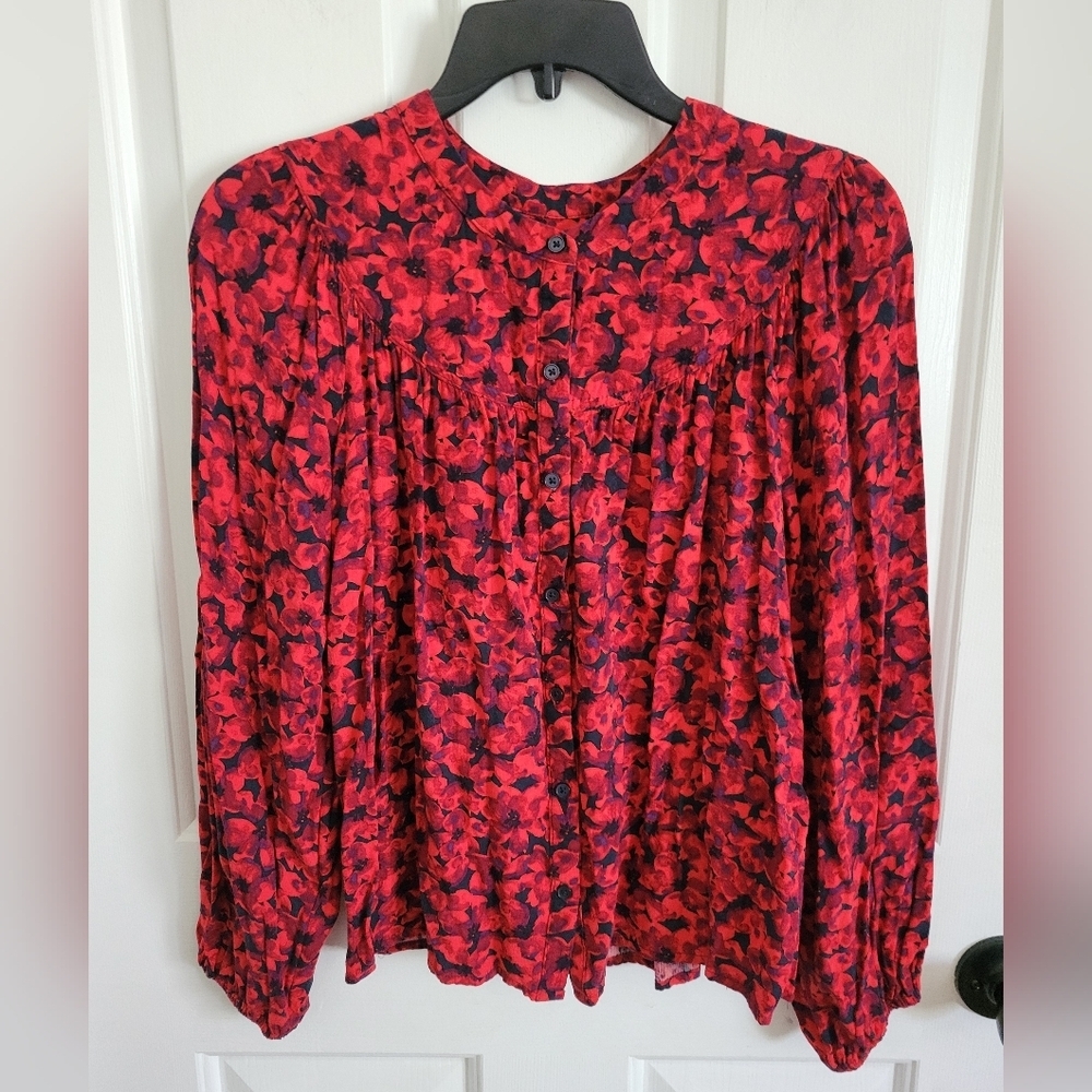 A New Day Womens Red Black Floral Long Sleeve Front Button Blouse Size Small